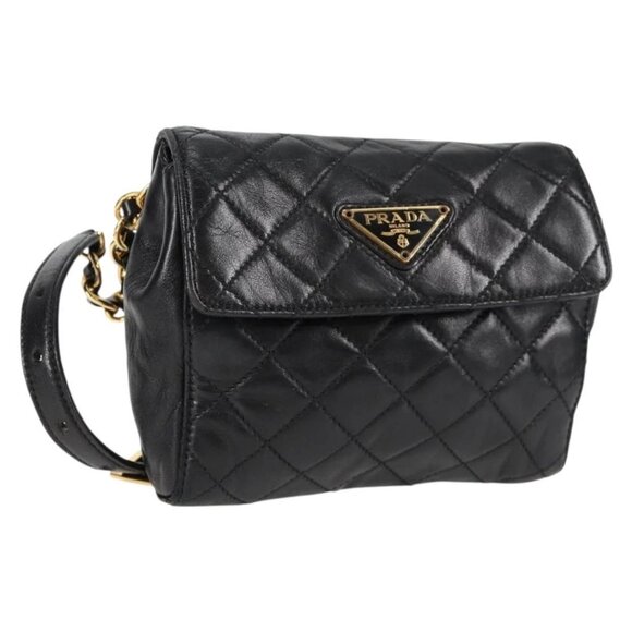 PRADA Chain Shoulder Bag Leather Black Gold Auth am8831V - Picture 1 of 16